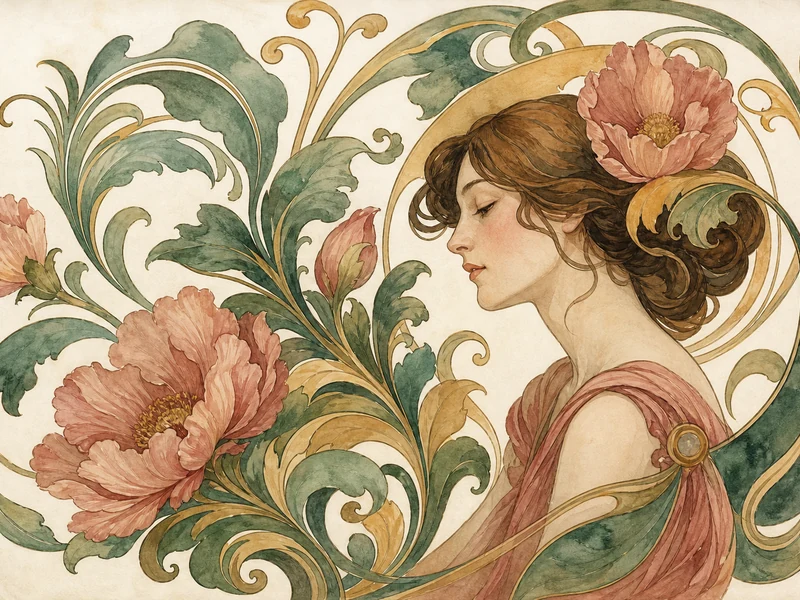 Aquarelle décorative aux motifs floraux et arabesques style Art nouveau
