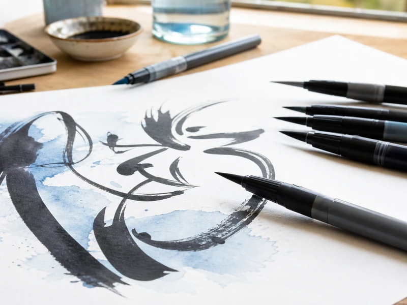 Feutres pinceau et trait de calligraphie sur papier avec léger lavis