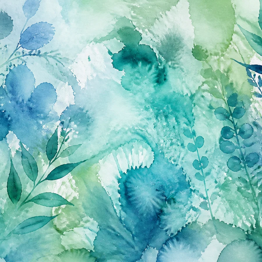 Étude abstraite aquarelle verts d’eau et bleus froids